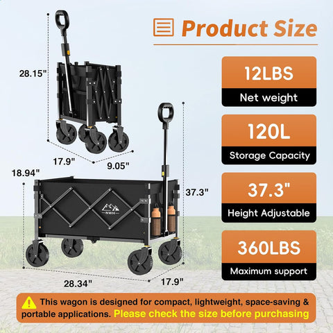 NWH Collapsible Wagon Cart with Wheels Foldable, 360LBS Large Capacity Portable Folding Utility Heavy Duty Beach Wagons Cart with All-Terrain Wheels for Groceries Shopping, Camping, Sports, Garden