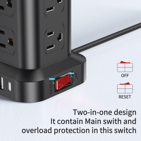 Extension Cord with Multiple Outlets, Surge Protector Power Strip Tower, 12 AC 4 USB，Surge Protector Tower 6.5FT Overload Protection for Home Office