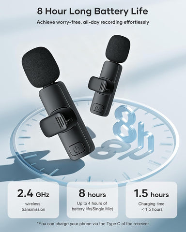 2 Pack Wireless Lavalier Microphone for iPhone iPad and Android Phone, Lapel Mic Plug and Play Wireless Mic Noise Reduction Mini Microphone for Video Recording Interview Podcast Vlog YouTube Tiktok