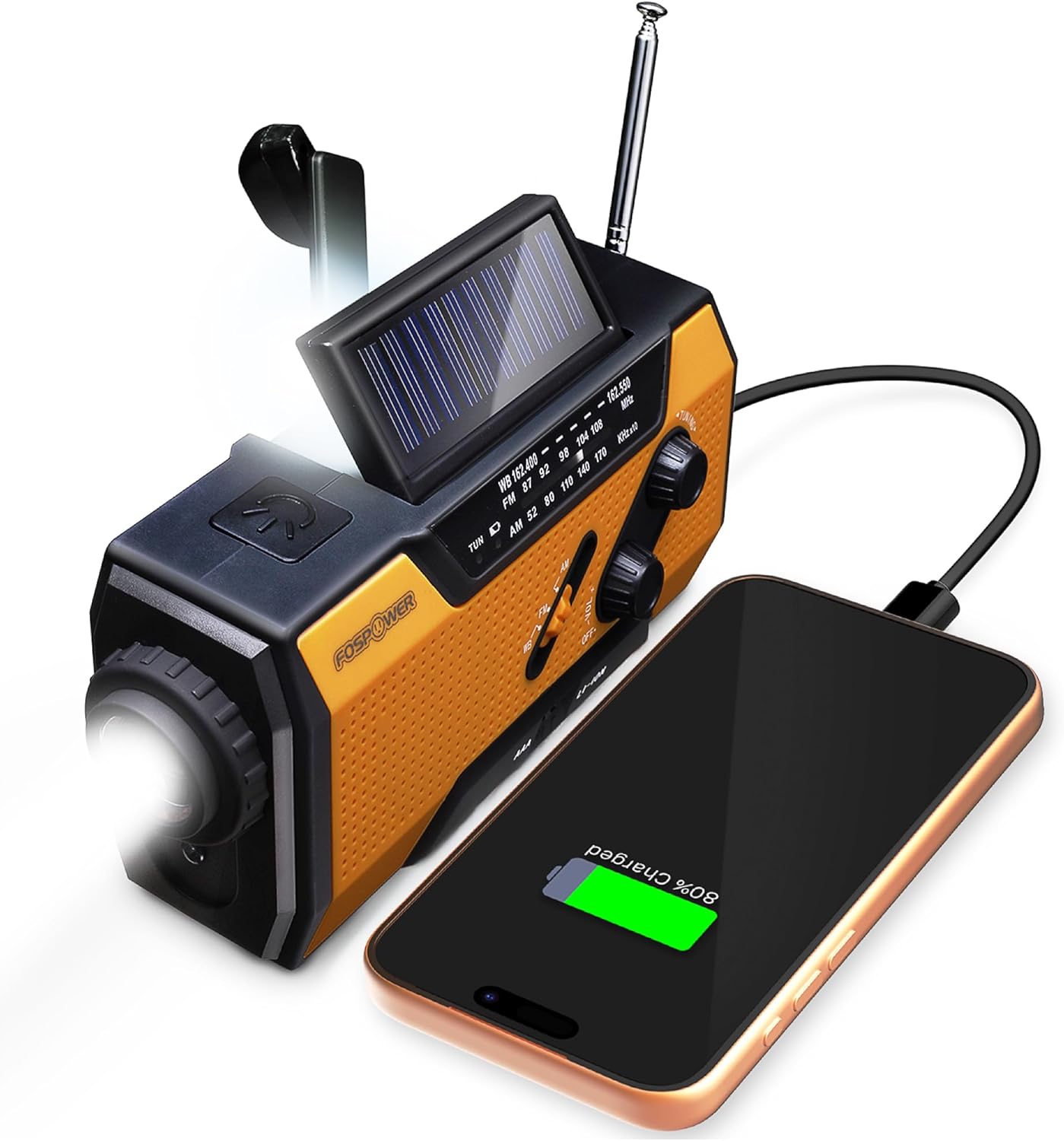 FosPower NOAA Emergency Weather Radio A1 7400mWh Solar Hand Crank (Orange)