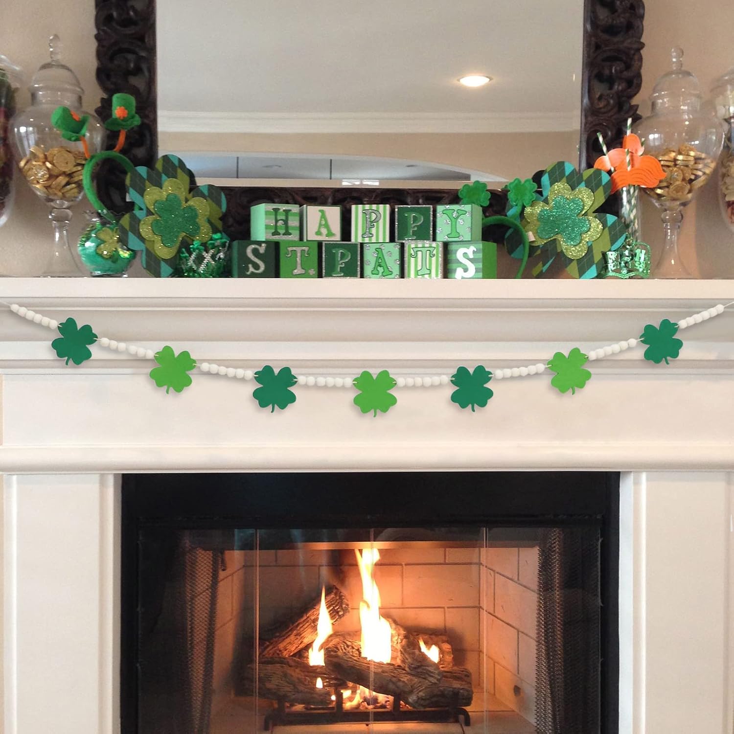 DAZONGE St. Patrick's Day Decorations, Wood Bead Shamrock Garland for St. Patrick's Day Decor, Lucky Felt Shamrock Garland for Mantel Wall Decor