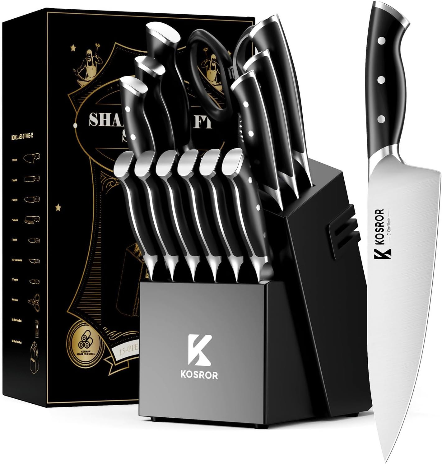 Kitchen Knife Set with Block & Dual Sharpener 15pc German Steel