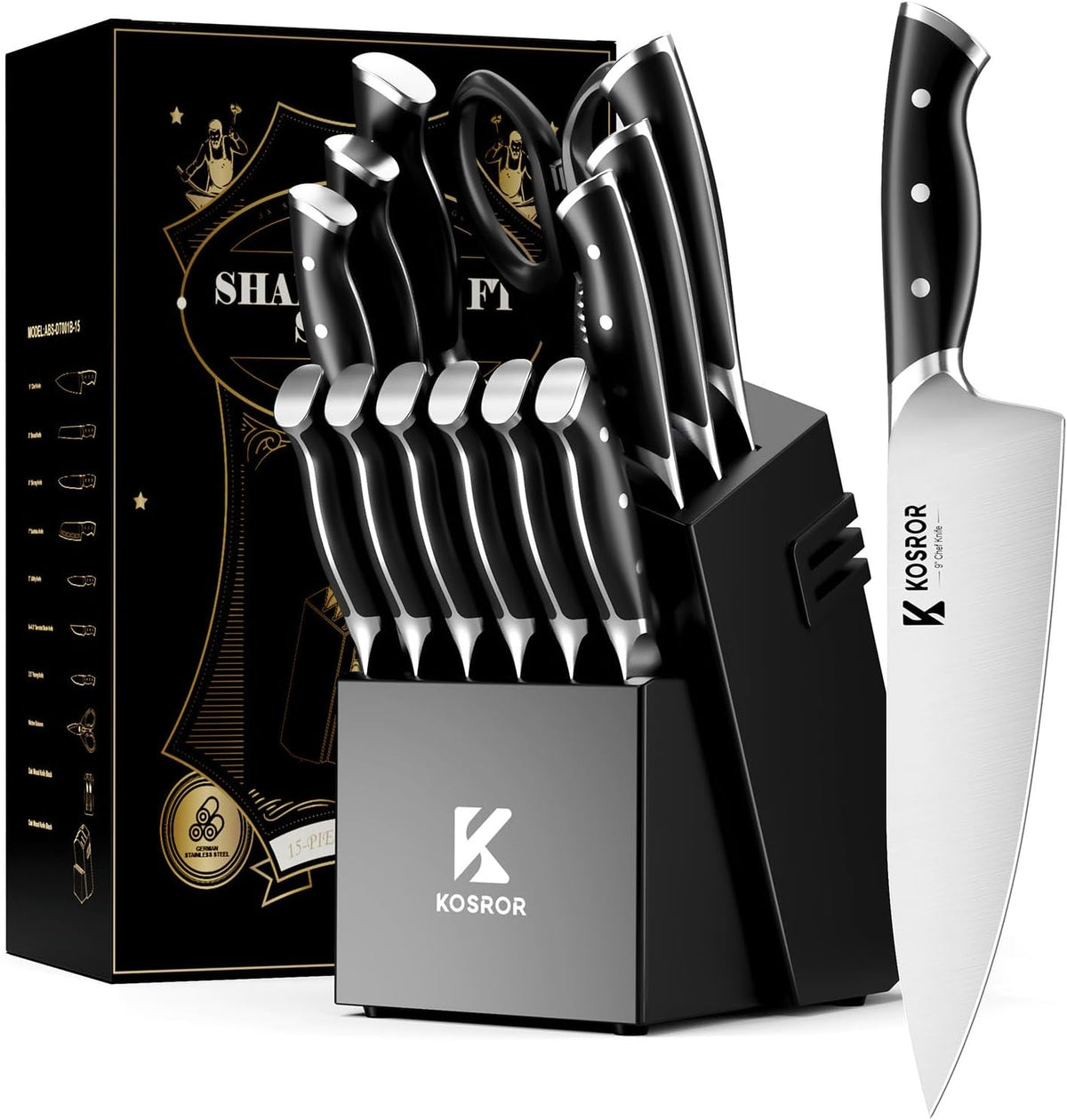 Kitchen Knife Set with Block & Dual Sharpener 15pc German Steel