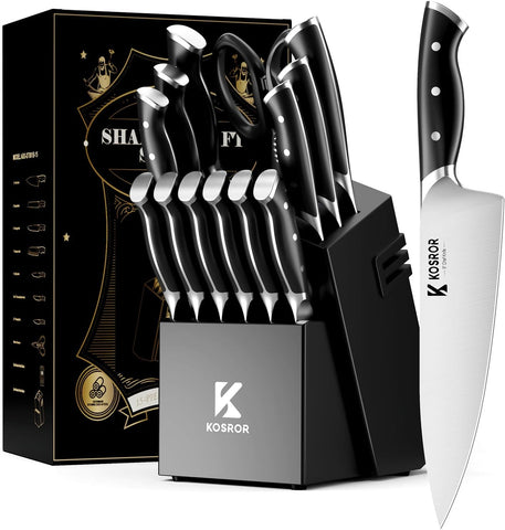 Kitchen Knife Set with Block & Dual Sharpener 15pc German Steel