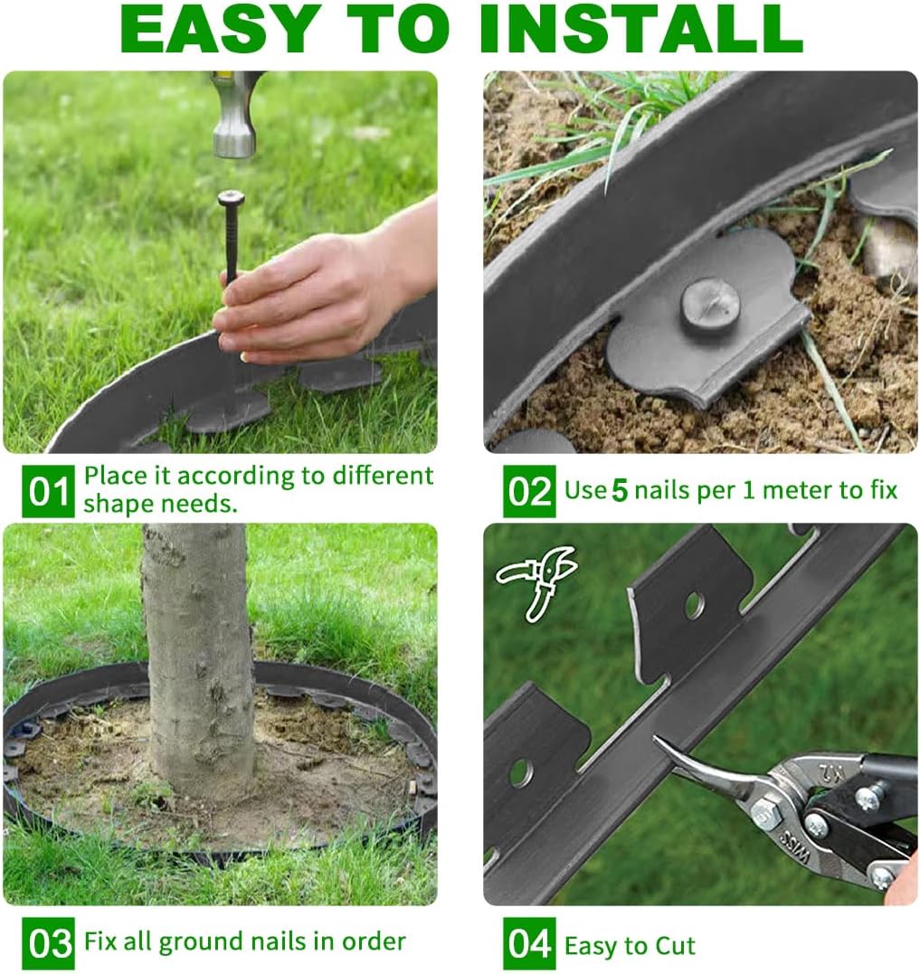 Landscape Edging 33FT,Garden Edging Borders [Extra Tall 4IN High] Flexible Lawn Edging Kit with Total 50pcs Stakes,Mini Plastic Fence Edge Used for Yard,Flowerbeds,Landscaping,Grass,Tree -Grey