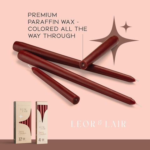 Leor & Lair Red Taper Candles, 4 Pack, 10" Dark Red Candlesticks