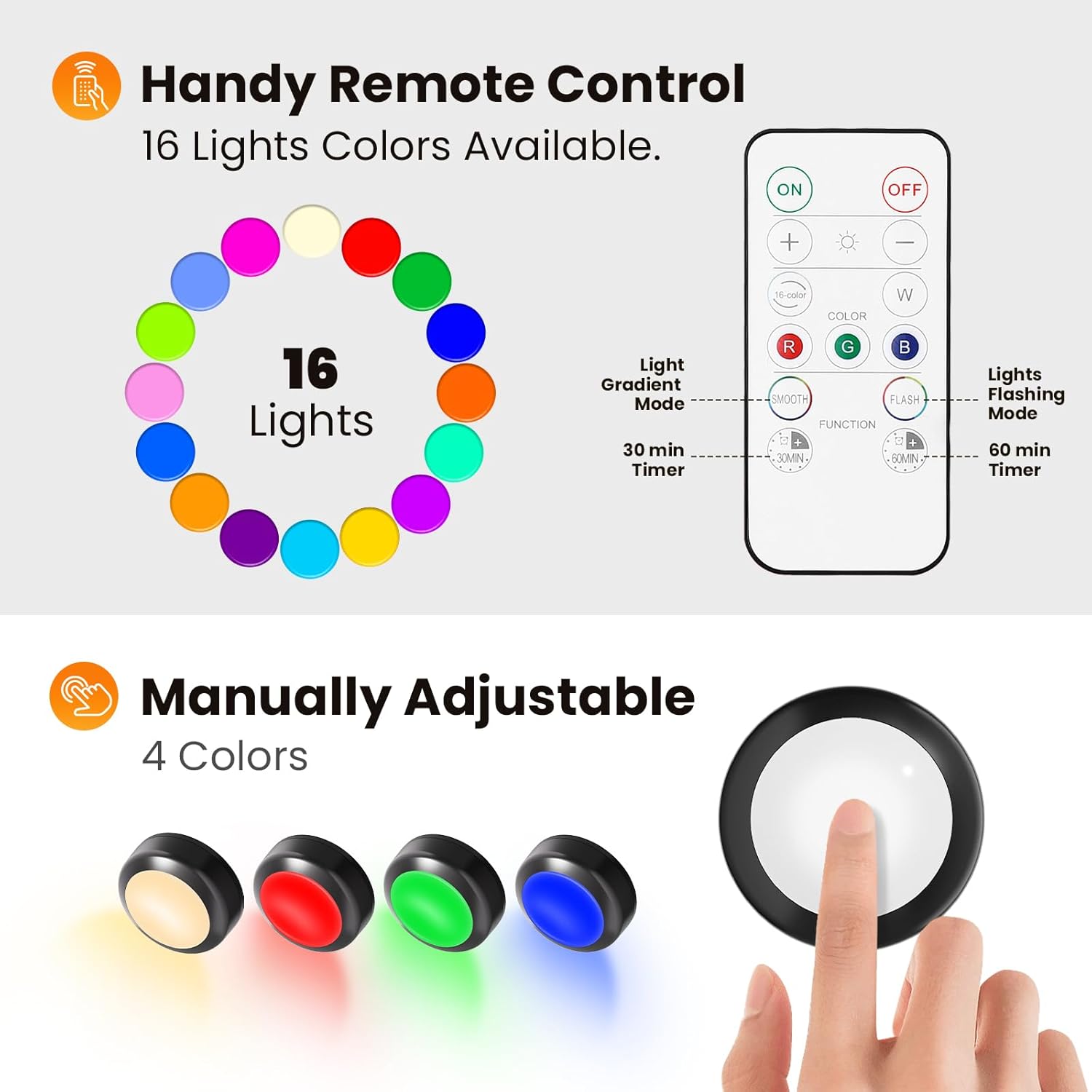 LED Puck Lights with Remote Control, 16 Color Changing Under Cabinet Lighting with Dimmer & Timer, AAA Battery Operated,Under for Closet Bedroom Kitchen, Stair (6 Pack Black)
