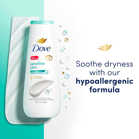 Dove Body Wash Sensitive Skin 4 Count Hypoallergenic, Paraben-Free, Sulfate-Free, Cruelty-Free, Moisturizing Skin Cleanser Effectively Washes Away Bacteria While Nourishing Skin 20 oz