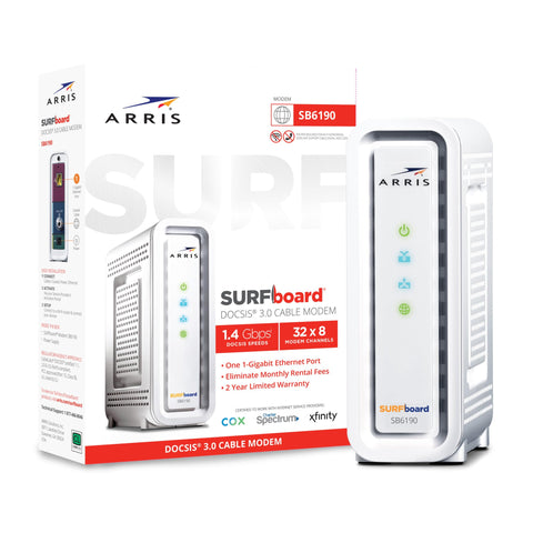 ARRIS SURFboard - SB6190 - Renewed - DOCSIS 3.0 32 x 8 Gigabit Cable Modem, Comcast Xfinity, Cox, Spectrum, 1 Gbps Port, 800 Mbps Max Speeds, Easy Set-up with SURFboard Central App - (Renewed)