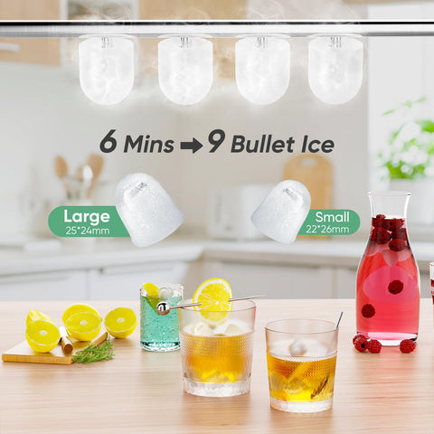 Sweetcrispy Countertop Ice Maker Machine Self-Cleaning, Fast Making 9 Ice Cubes in 6 Minutes, 26.5lbs/24Hrs, 2 Sizes Bullet Ice, Portable Ice Machine with Ice Scoop, Basket and Handle, Green