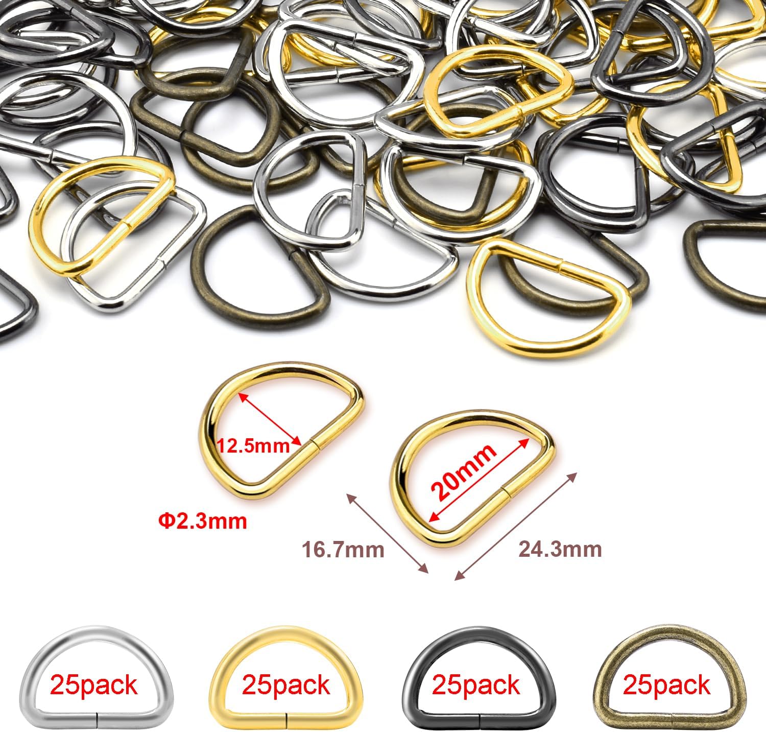100 Pack 3/4" D Ring Metal Strap Sewing Hardware Buckles Accessories for Purse Bags Crafts Making Collars DIY Supplies (Multicolor)