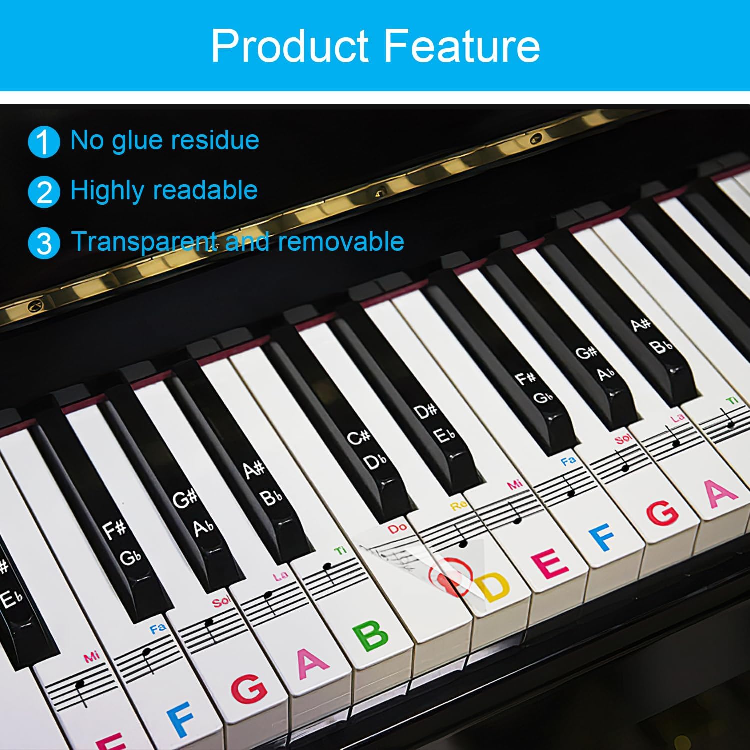 1 Pack Piano Keyboard Stickers for 88/76/61/54/49 Keys, Colorful and Removable Piano Stickers for Beginners, Keyboard Letters Labels, Eye-catching Notes