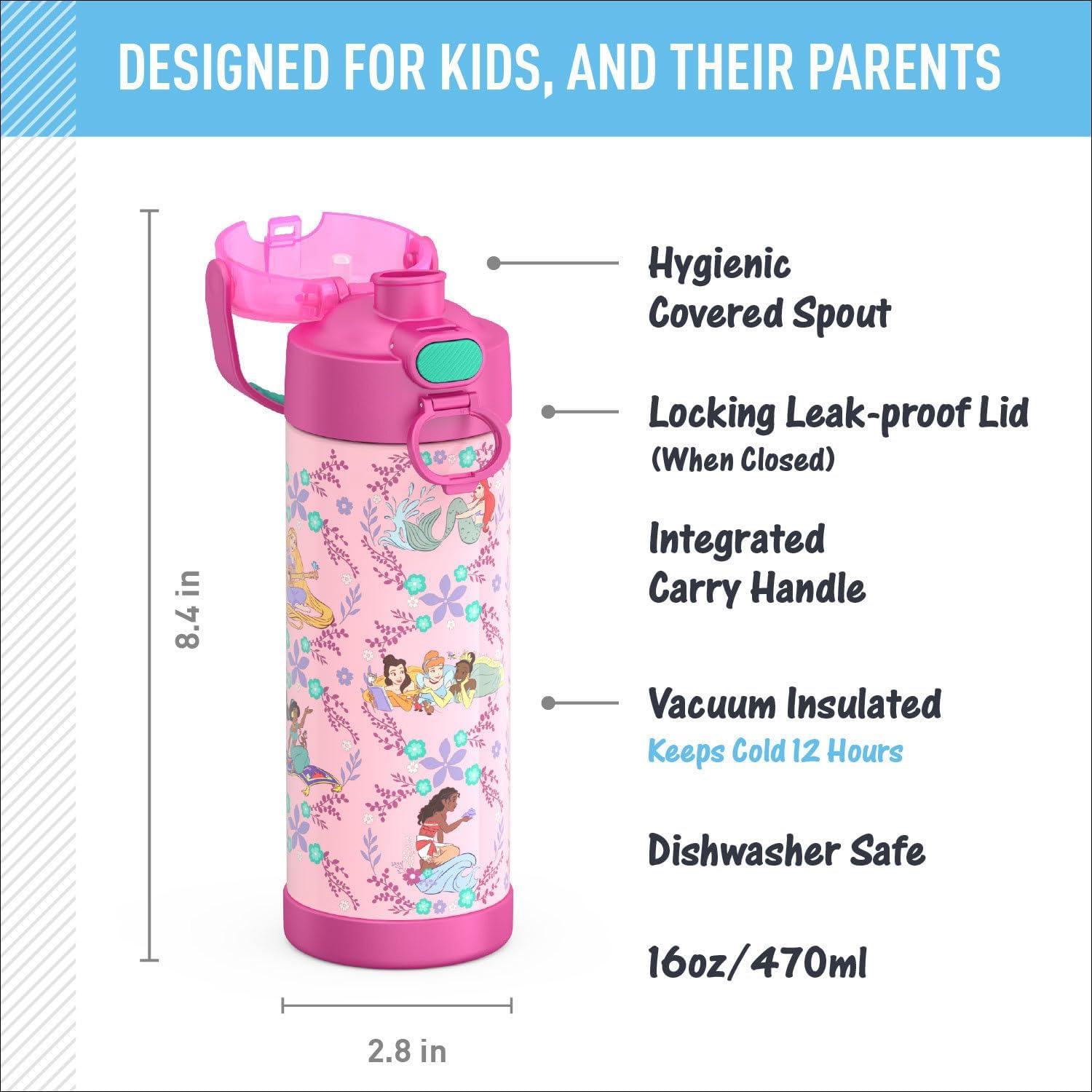 THERMOS FUNTAINER Water Bottle with Spout, 16oz, Princess