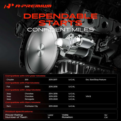 A-Premium Starter Motor, 12V 1.4KW 10 Teeth Clockwise