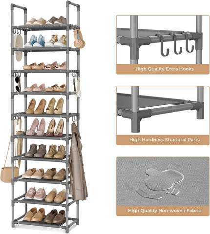 VTRIN 10 Tiers Tall Shoe Rack Holds 20-25 Pairs of Shoes Sturdy Vertical Shoe Organizer with 18pcs Hooks Stackable Narrow Shoe Rack for Closet, Entryway Grey