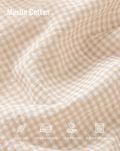 Blissful Diary Muslin Nursing Cover for Breastfeeding, Breathable Breastfeeding Cover up with Arch Neckline for Women, Nursing Apron (Beige Gingham)