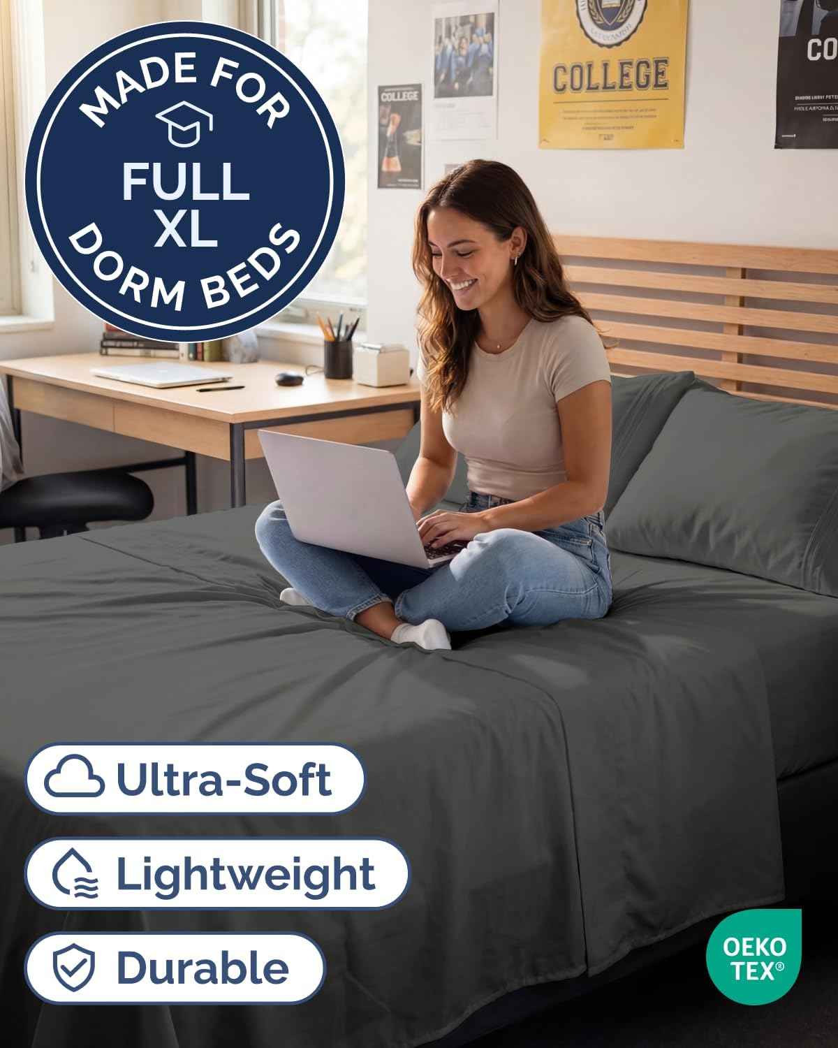 Full XL Sheets - 4 Piece Full XL Sheet Set - Cool & Breathable - Charcoal