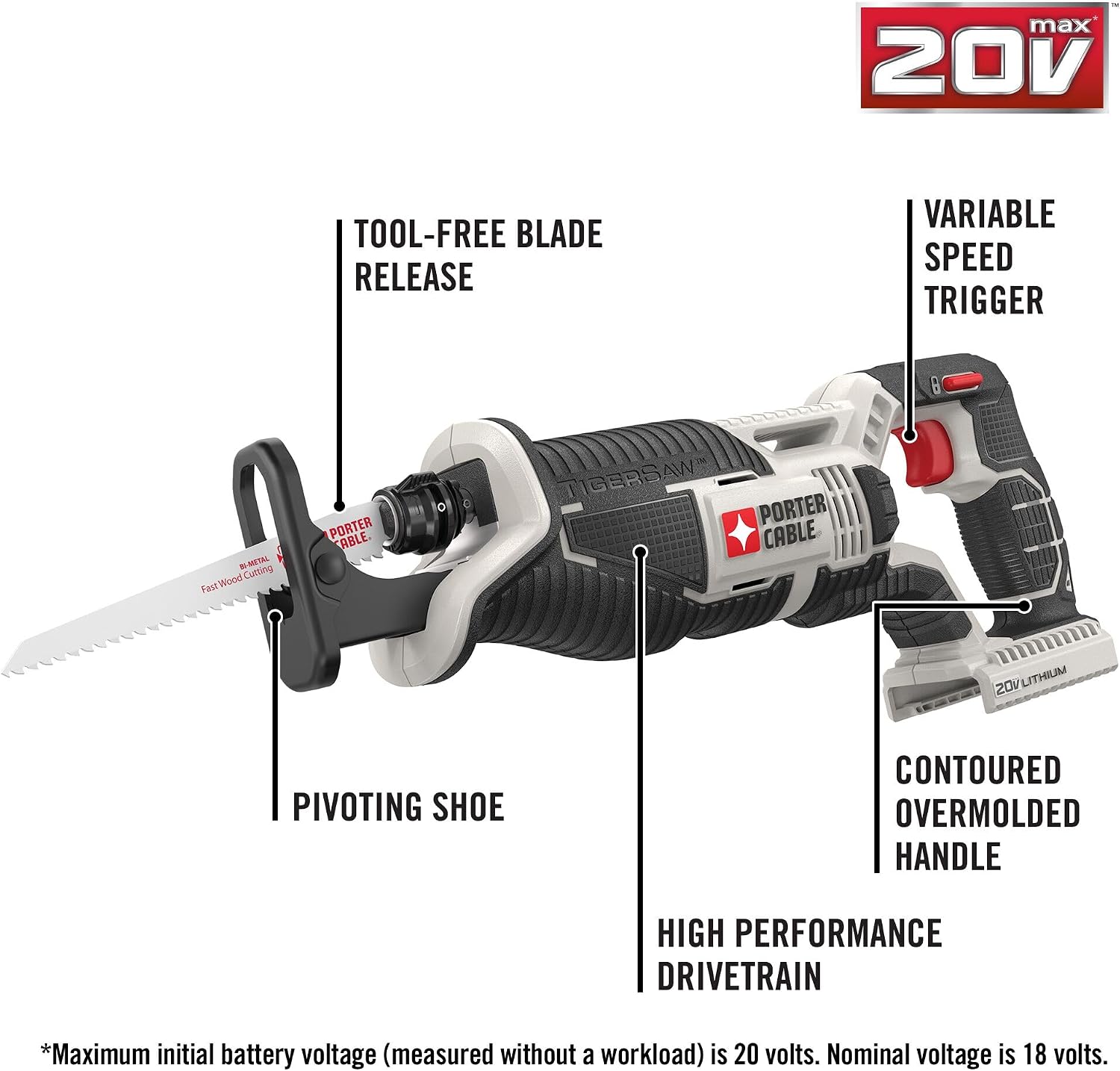 PORTER-CABLE 20V MAX* Reciprocating Saw, Tool Only (PCC670B)