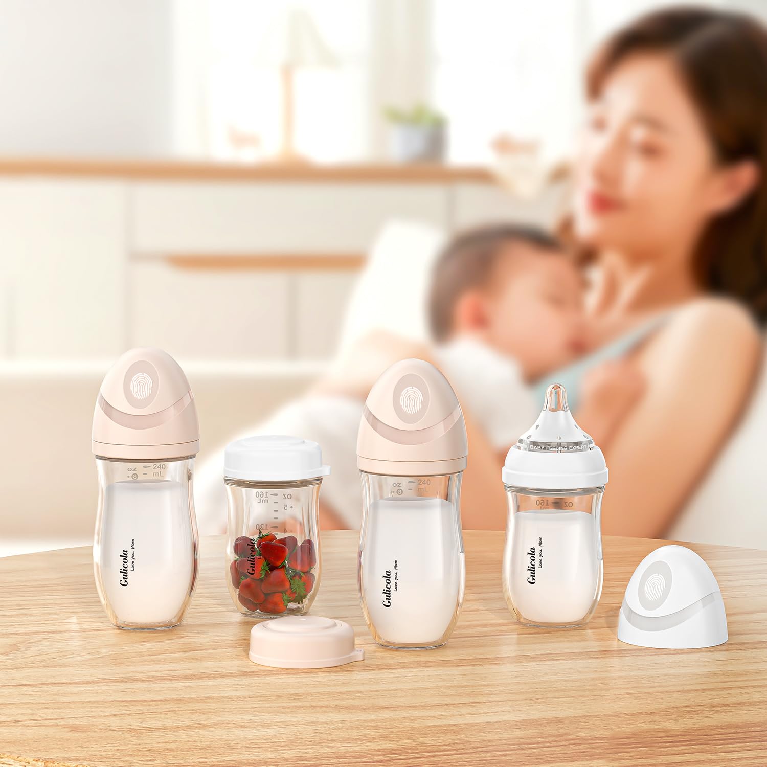 Gulicola Natural Glass Baby Bottle 4 Pack, Newborn Breastfeeding Bottles Set, Extra Slow Flow Nipples (SS), Anti Colic, 0 Months+, 5 oz - Pink