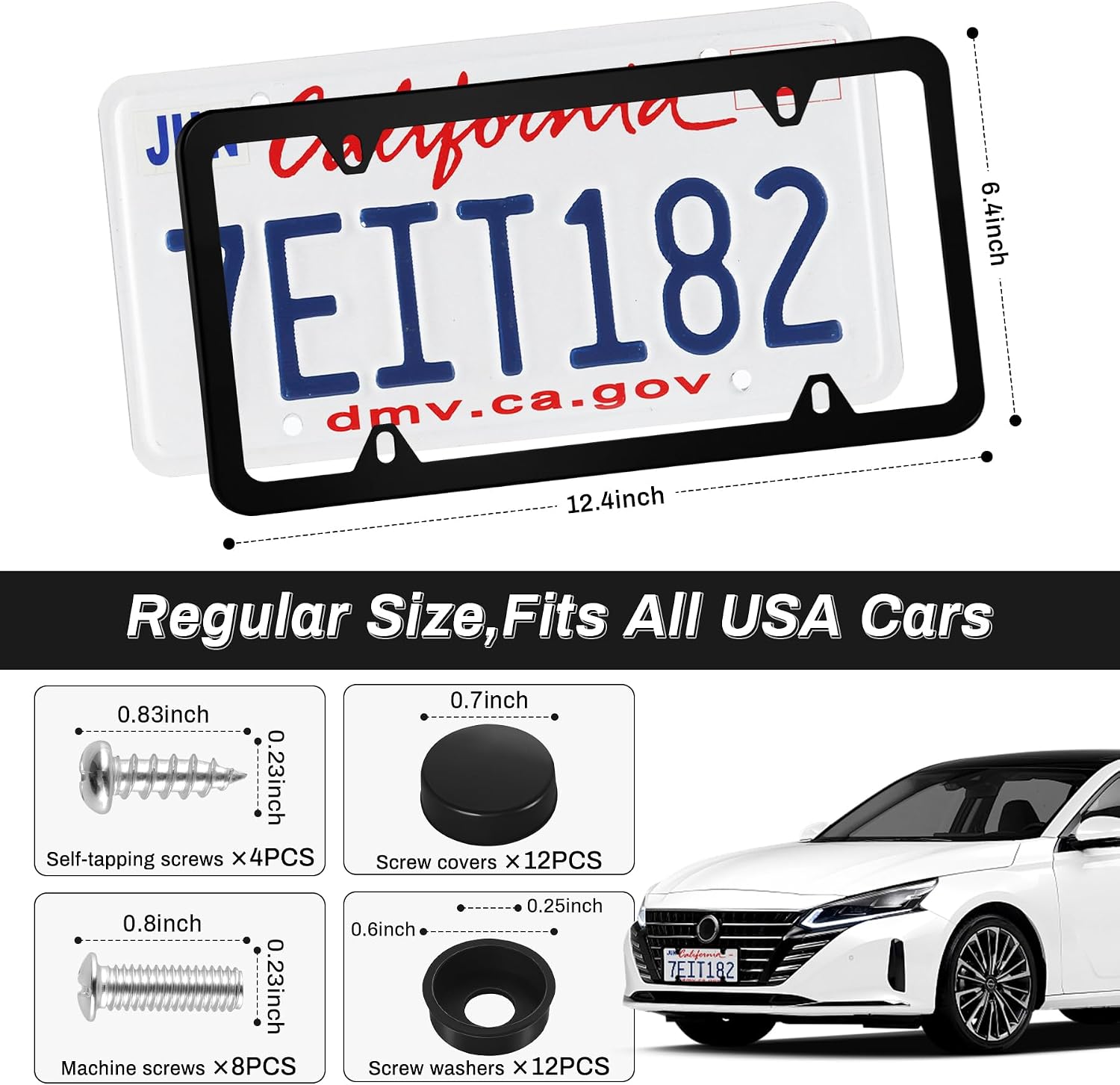 Alpmosn 2PCS Stainless Steel License Plate Frames, 4 Holes Car Licence Plate Covers with Screws Washers and Caps, Car Exterior Accessories, License Plate Holder for US Vehicles (Black)
