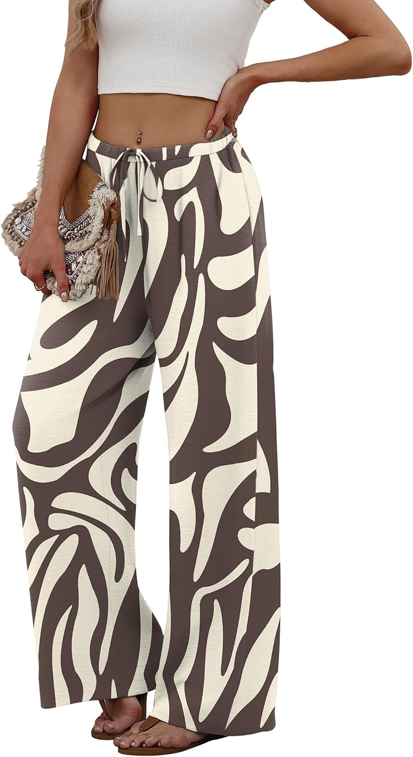 Sampeel Wide Leg Pants for Women Flowy Palazzo Drawstring Elastic Waist Trousers with Pockets Summer Beach Vacation Clothes