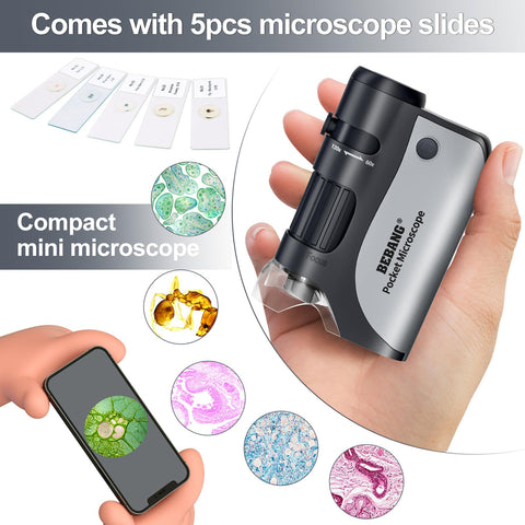 BEBANG Pocket Microscope,60X-120X Handheld Mini Microscope for Kids with LED Lighted Zoom, Portable Microscope Kits with 5 Pcs Slides for Adults Microbiological Observation Preschool Home Study Gifts