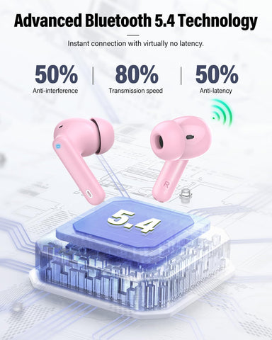 Wireless Earbuds, Bluetooth 5.4 Headphones Bass Stereo/Clear Calls, Pink