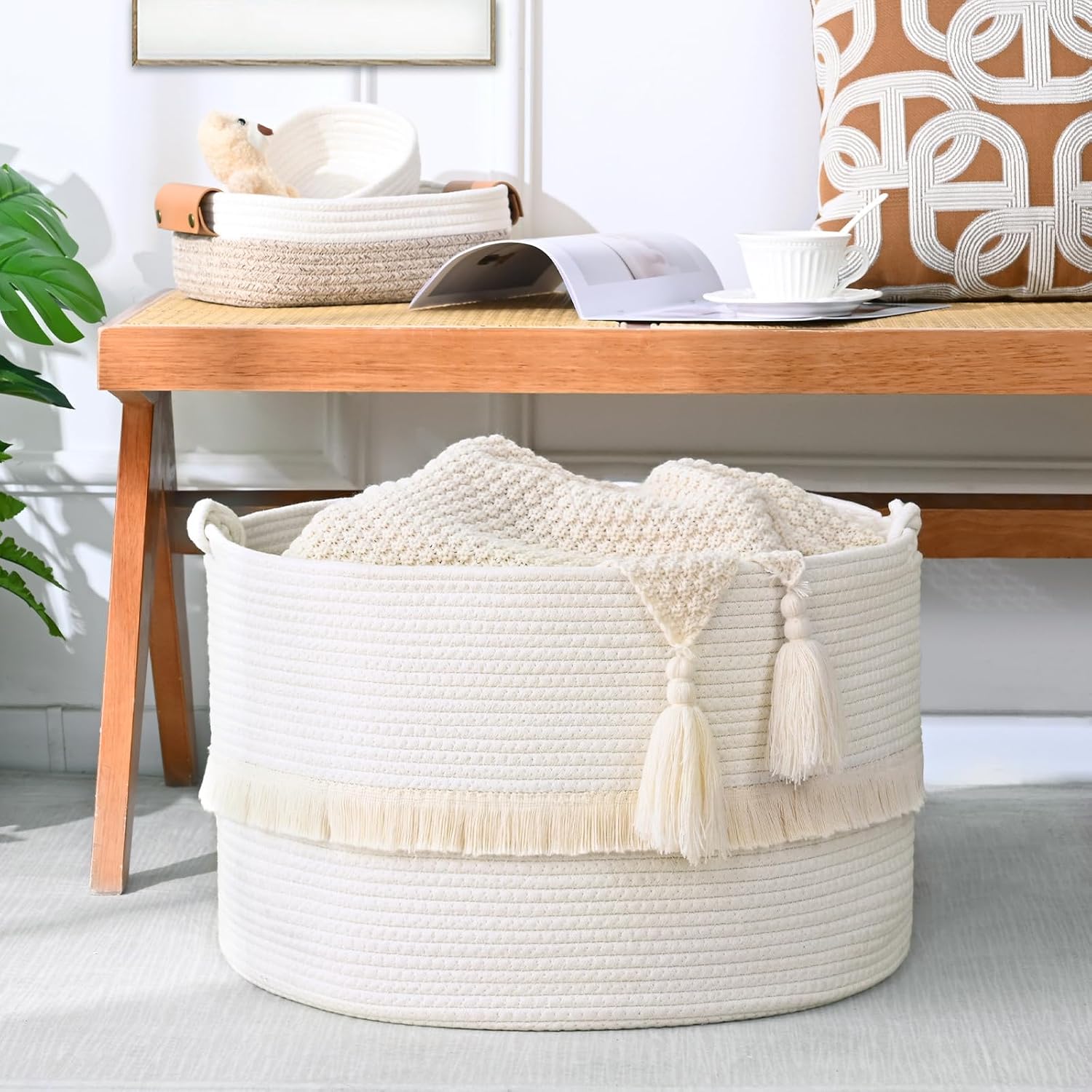 67L Large Blanket Basket, 20"x13" Woven Storage Baskets With Handle, Cotton Rope Blanket Basket Living Room, Baby Laundry hamper for Blanket, Nursery, Toy, Pillow (White)