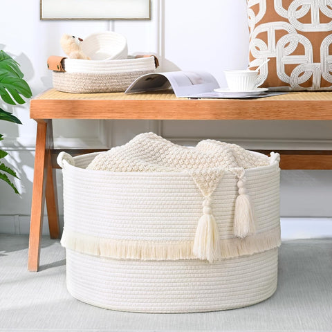 67L Large Blanket Basket, 20"x13" Woven Storage Baskets With Handle, Cotton Rope Blanket Basket Living Room, Baby Laundry hamper for Blanket, Nursery, Toy, Pillow (White)