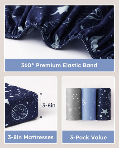Unnivoll Baby Crib Sheets for Boys Girls, 28x52x8in Fitted Crib Sheet Neutral 3 Pack for Standard Crib and Toddler Mattress, Breathable Soft Microfiber Baby Sheet Blue Gray Planet