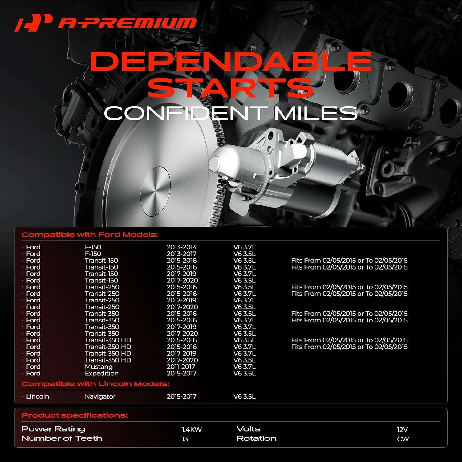 A-Premium Starter Motor, 12V 1.4KW 13 Teeth Clockwise