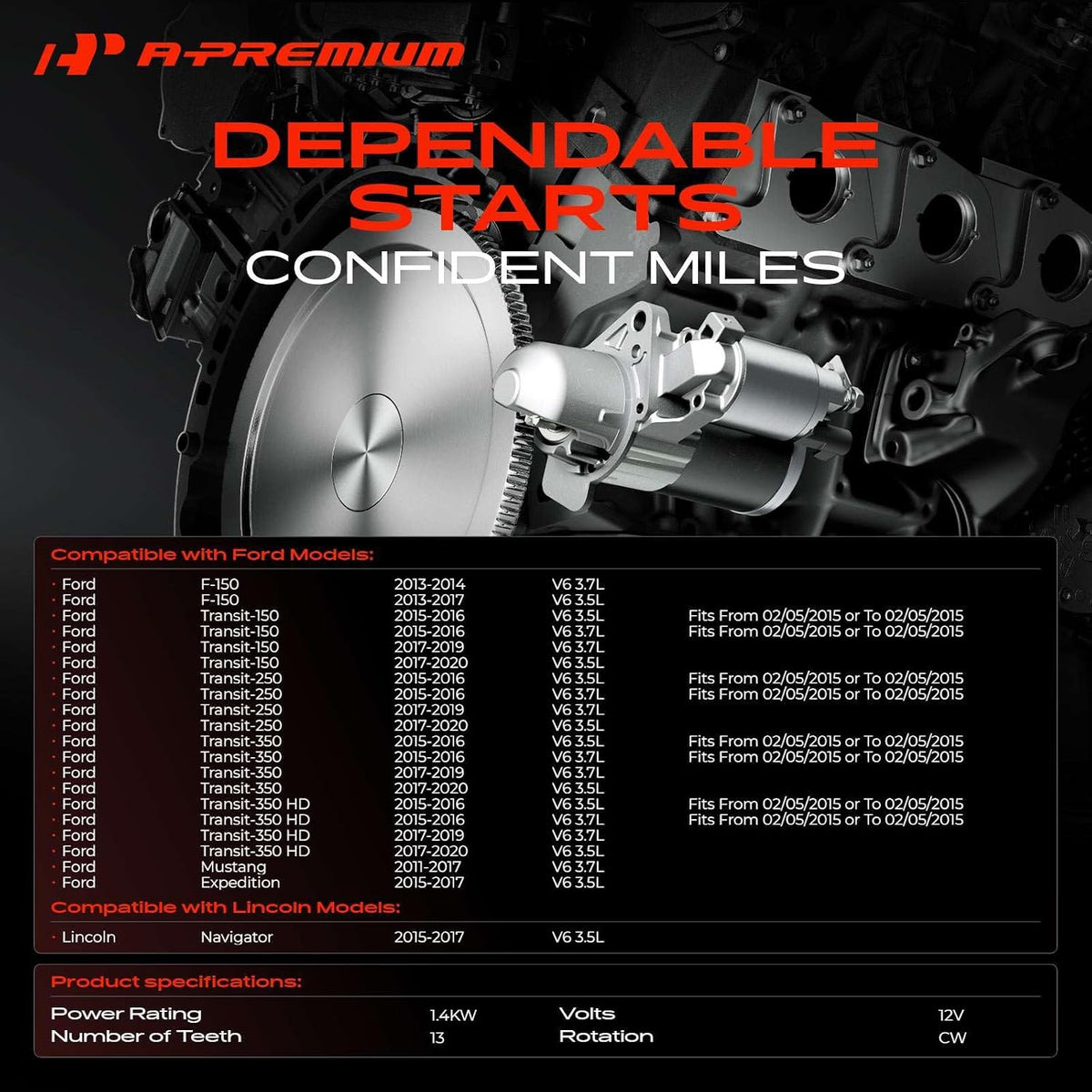 A-Premium Starter Motor, 12V 1.4KW 13 Teeth Clockwise