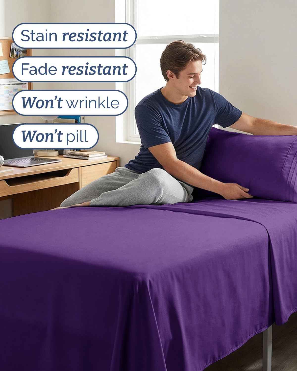 Twin XL 3 Piece Sheet Set - College Dorm Room Essentials - Purple