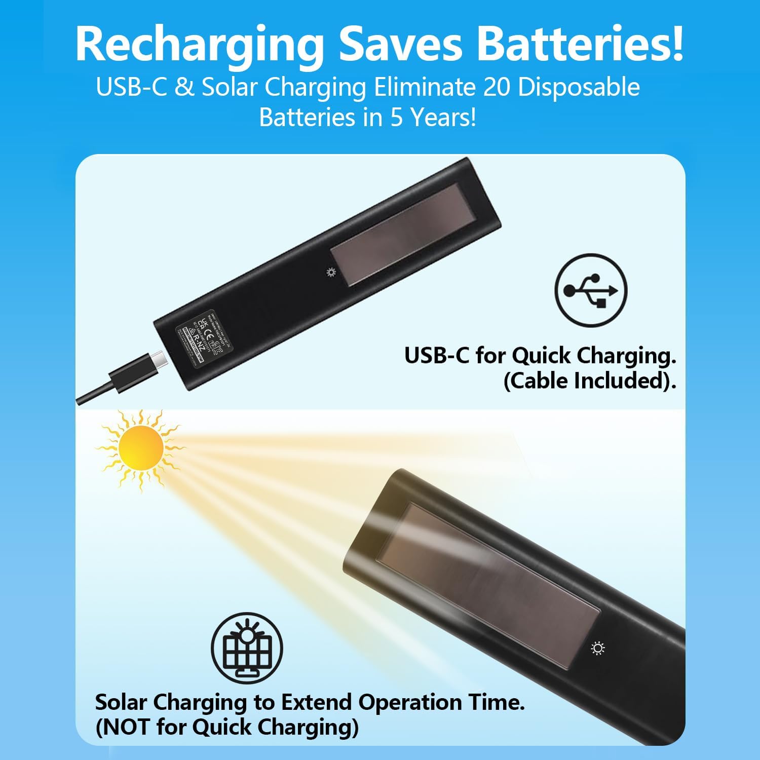 Rechargeable TV Remote for Samsung Smart TVs, Replacement for All 2019-2026 Samsung TV Remote Control with Voice Control. USB-C Fast Charging. Solar Charging. 2-Year Warranty.