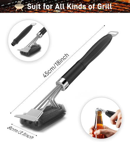 Grill Brush and Scraper-18 Adjustable Handle Safe BBQ Grill Brush for Outdoor Grill-Deep BBQ Clearning Brush wih Bottle Operner Extra Strong Grill Cleaner Accessories for Gas/Charcoal Grilling Grates