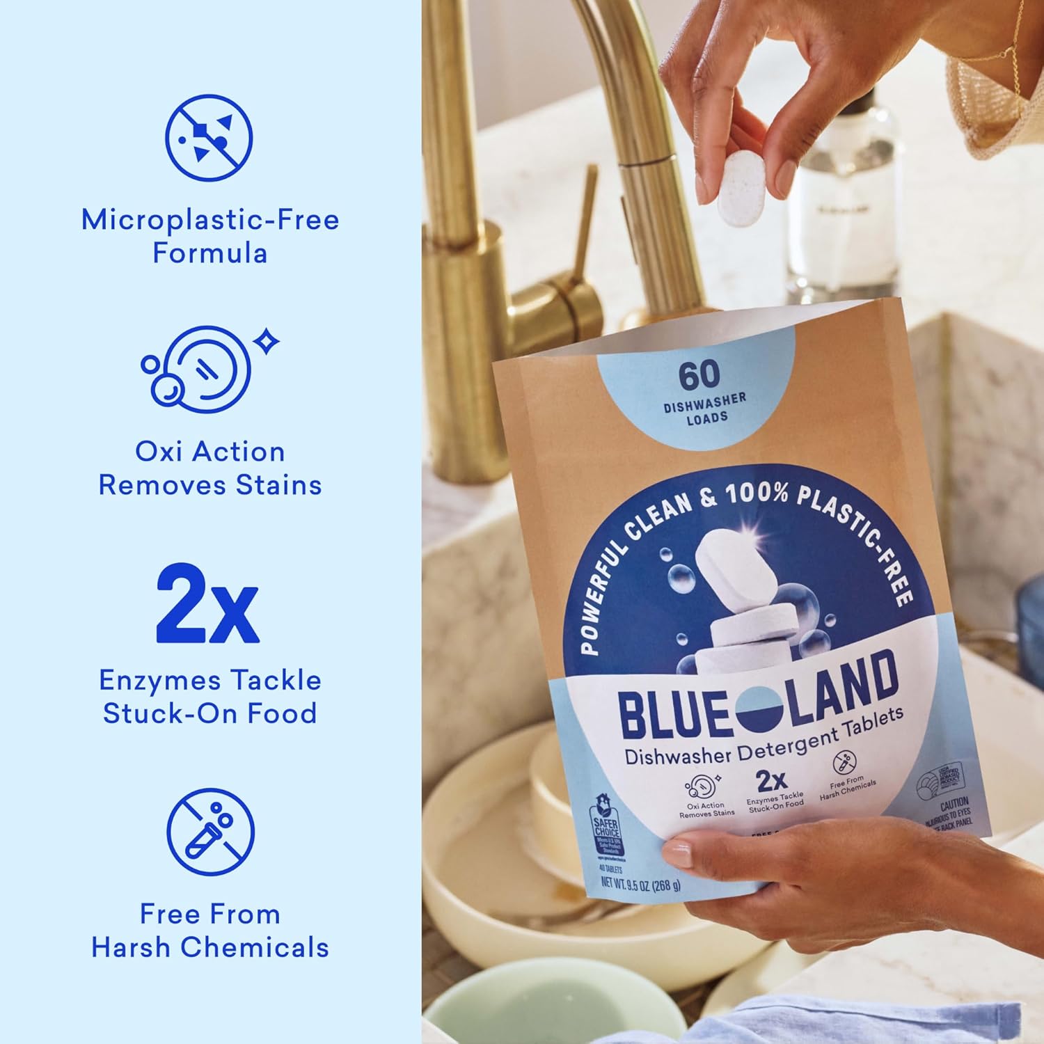 BLUELAND 100% Plastic-Free Dishwasher Detergent Tablets, 60ct, Free & Clear