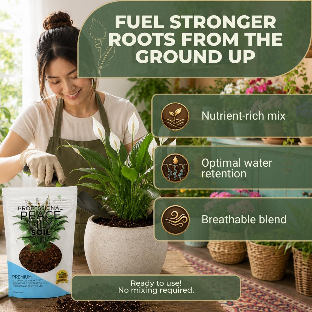 Professional Peace Lily Potting Soil Mix Large 2.2 Quarts Ready to Use, Premium Nutrient-Rich Blend for Indoor Peace Lily Plants, Peat Moss Coco Coir Perlite Dolomite, Well-Draining Soil Made in USA