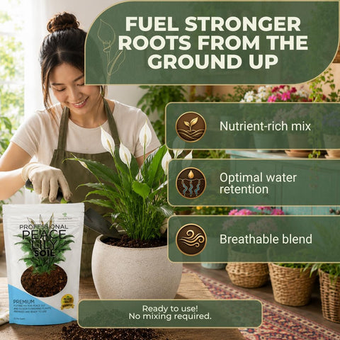 Professional Peace Lily Potting Soil Mix Large 2.2 Quarts Ready to Use, Premium Nutrient-Rich Blend for Indoor Peace Lily Plants, Peat Moss Coco Coir Perlite Dolomite, Well-Draining Soil Made in USA