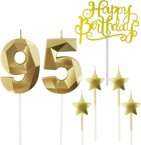 Golden Number 95 Birthday Candles and Star Birthday Candles 2.76 inch 3D Diamond Shaped Candles for Birthday Parties and Anniversary Cake Decorations