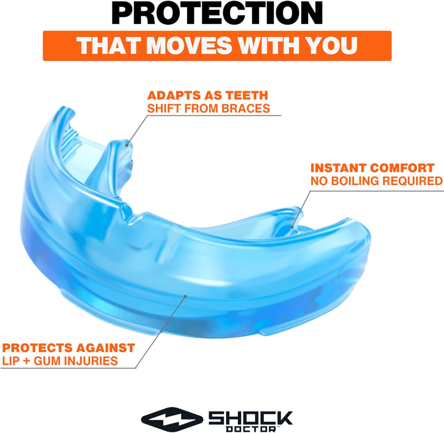 Shock Doctor Mouth Guard for Braces, Upper Teeth Protection, Instant Fit, Adult & Youth Sizes