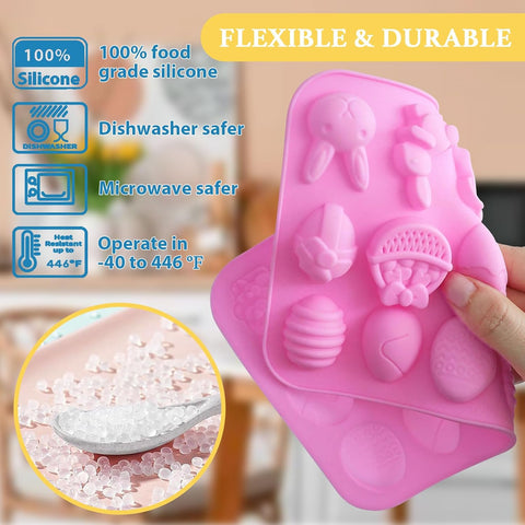 HKNMTT Easter Silicone Candy Mold 2-PACK 9 Shaped Egg Rabbit 72 Cavities Chocolate Mould Wax Melt Tray for Gummies Cupcake Decor Kids Holiday Gift Fudge Making Set