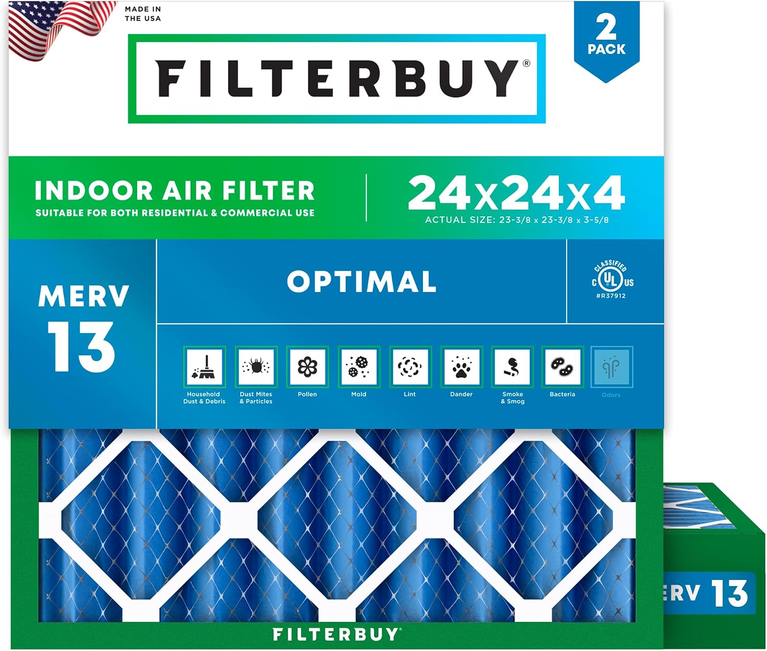 Filterbuy 24x24x4 Air Filter MERV 13 Smoke & Allergy Defense (2-Pack)