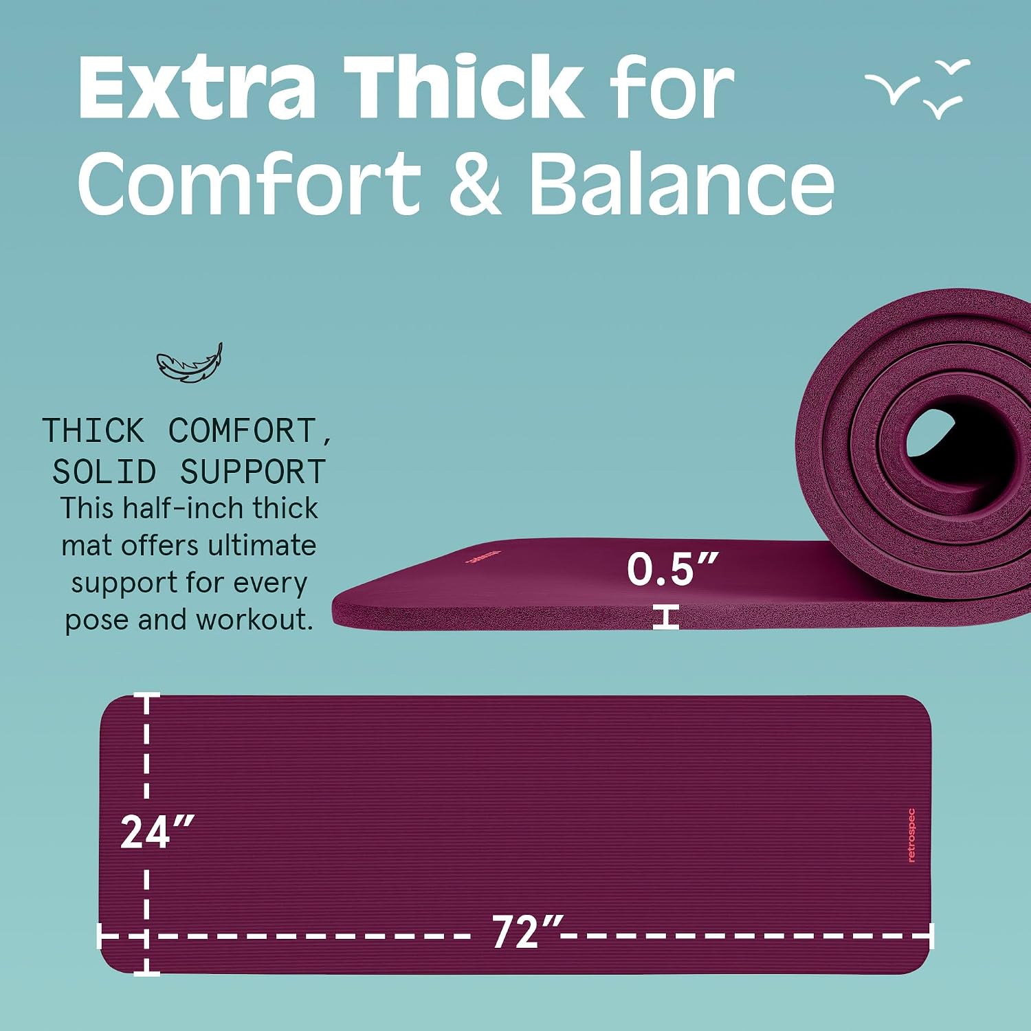 Retrospec Solana Yoga Mat Thick 1/2in Non-Slip Workout Mat with Nylon Strap - 72x24in Exercise Mat for Pilates, Stretching & Fitness - BPA Free, Easy Clean