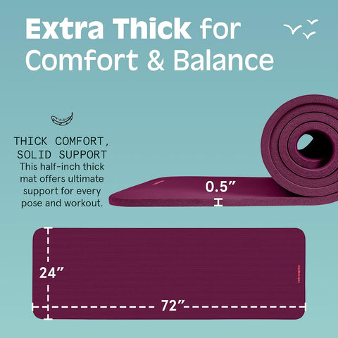 Retrospec Solana Yoga Mat Thick 1/2in Non-Slip Workout Mat with Nylon Strap - 72x24in Exercise Mat for Pilates, Stretching & Fitness - BPA Free, Easy Clean