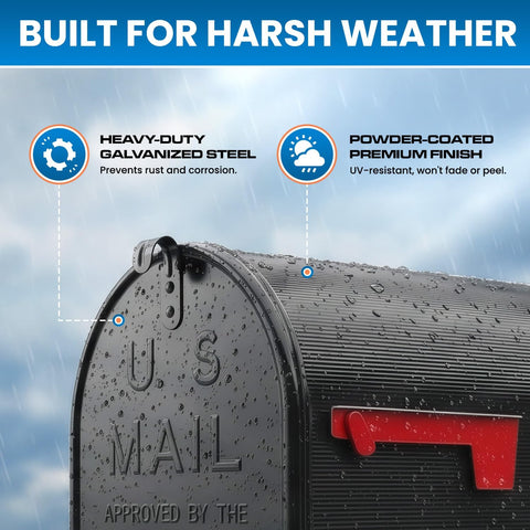 Plexon Jumbo Size Rural Mailbox, 3175 cu-in Capacity, Galvanized Steel, Powder-Coated, 15 in. H x 11.69 in. W x 24.82 in. L, Black, Extra Large