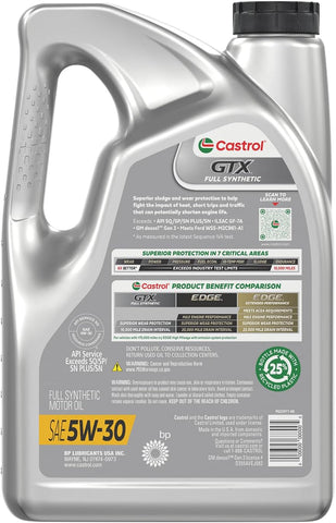 Castrol GTX Full Synthetic 5W-30 Motor Oil, 5 Quarts, Pack of 3