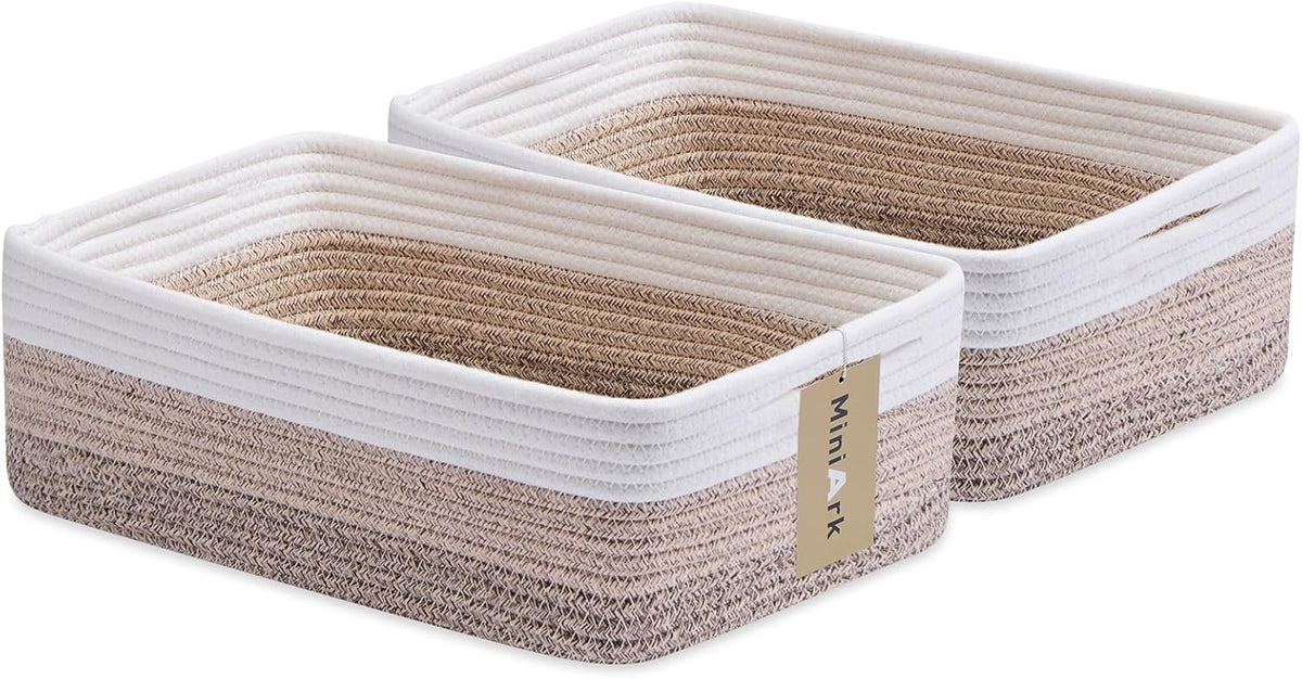 MiniArk Large Shallow Organizing Baskets 15x11x5.1 Inches - Rope Woven Storage Bins for Bathroom, Shelves, Cube Closet, Gradient Brown 2 Packs