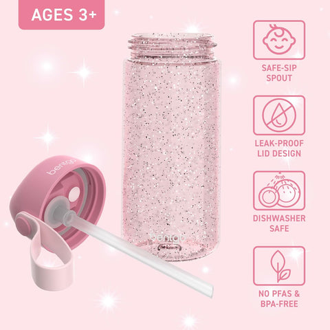 Bentgo Kids Water Bottle - Leak-Proof, Durable Tritan PFAS- & BPA-Free 15 fl oz, Kids/Toddlers Ages 3+ for School & Sports; Bite & Sip Spout, Carrying Handle, Dishwasher Safe (Petal Pink - Glitter)