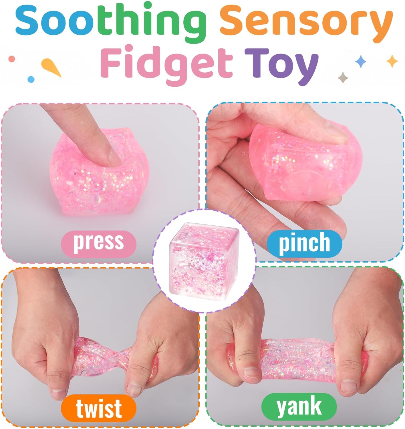 6 Pack Ice Cube Squishy Stress Balls, Glitter Fidget Cube Squeeze Toys for Kids Adults, Slow Rising Sparkly Sensory Squish Blocks, Party Favors, Goodie Bag Fillers