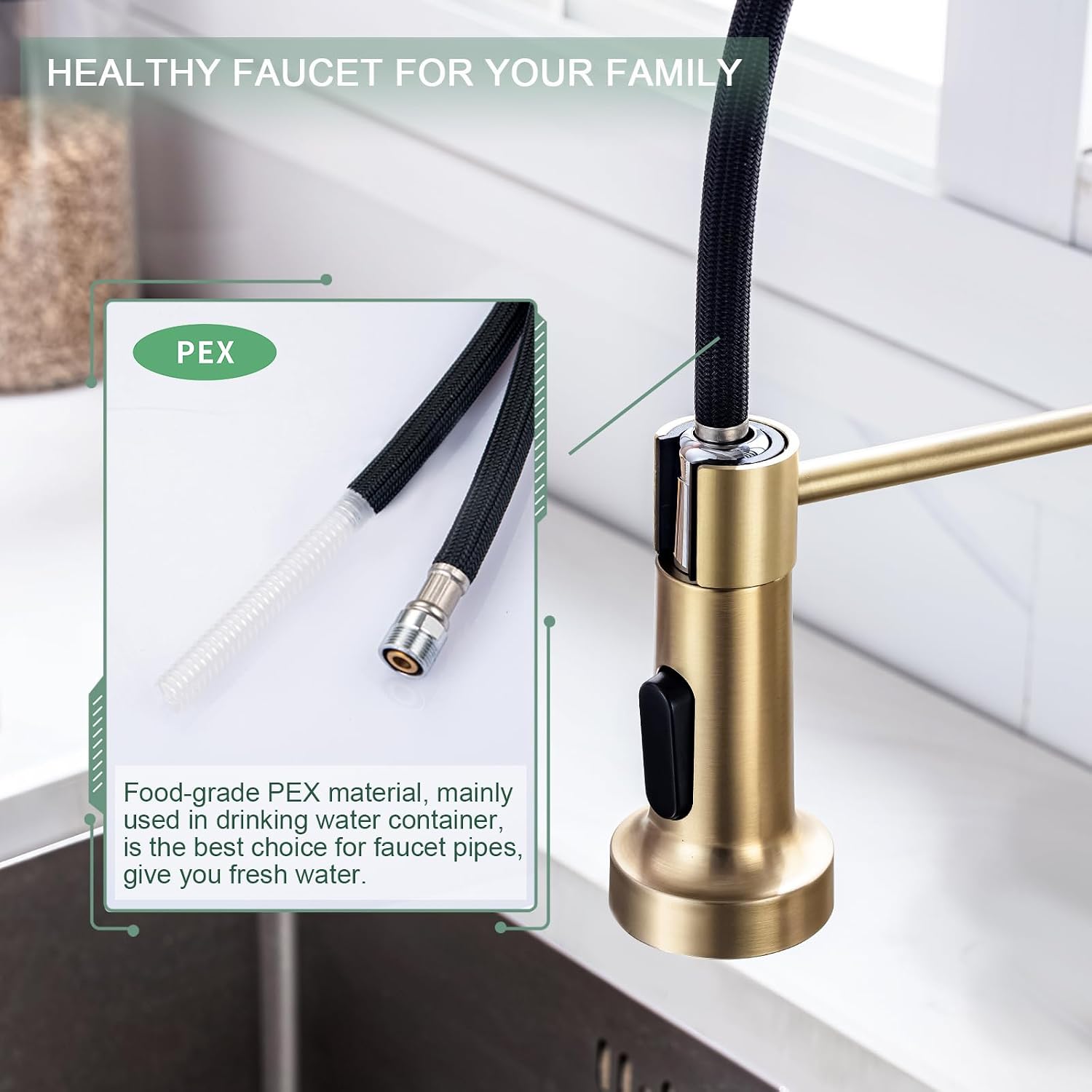 WEWE Pull-Down Kitchen Faucet, 2-Mode Sprayer, Gold, High Arc